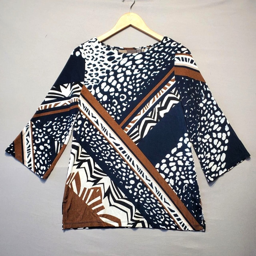 Chicos‎ Travelers Tunic Top Womens Small Blue Brown Abstract Slinky Knit Stretch